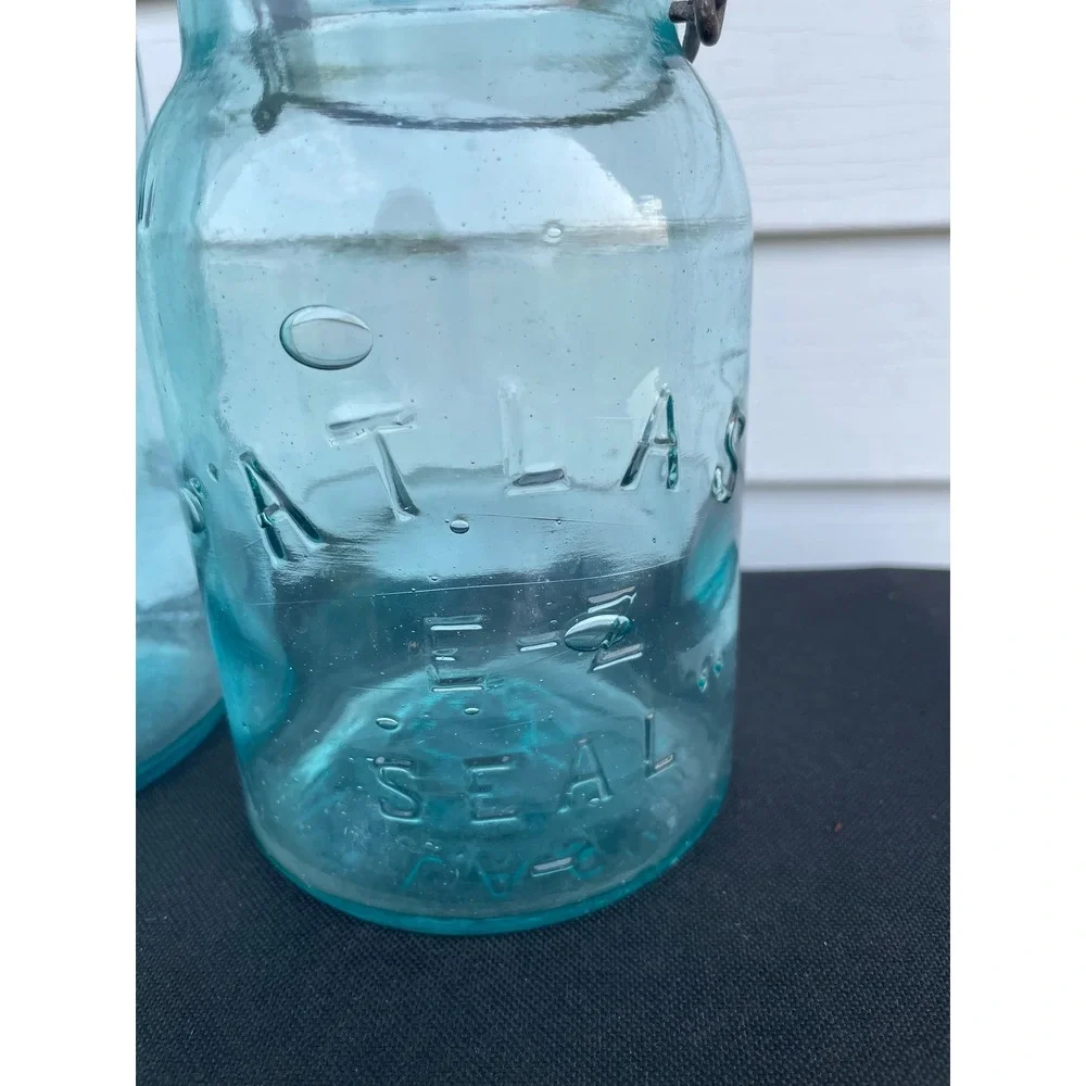 Atlas E-Z Seal Vintage Aqua Blue Glass Mason Jars Wire Bail Set of 3
